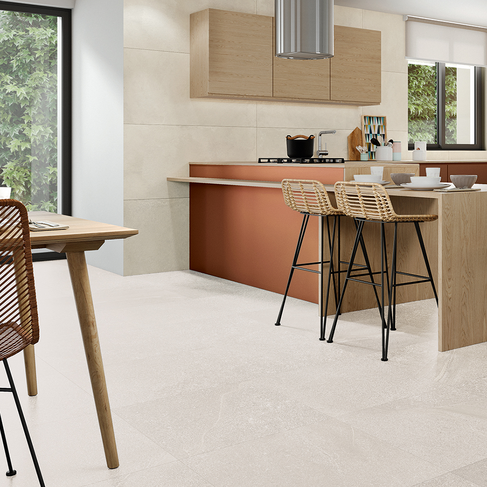 Clifton Cream porcelain stone-effect tiles on wall and floor